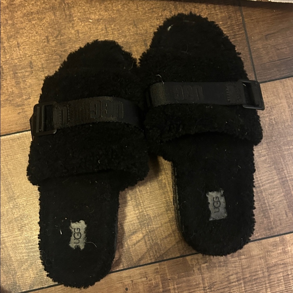 UGG Black Fuzzy Slide Slippers